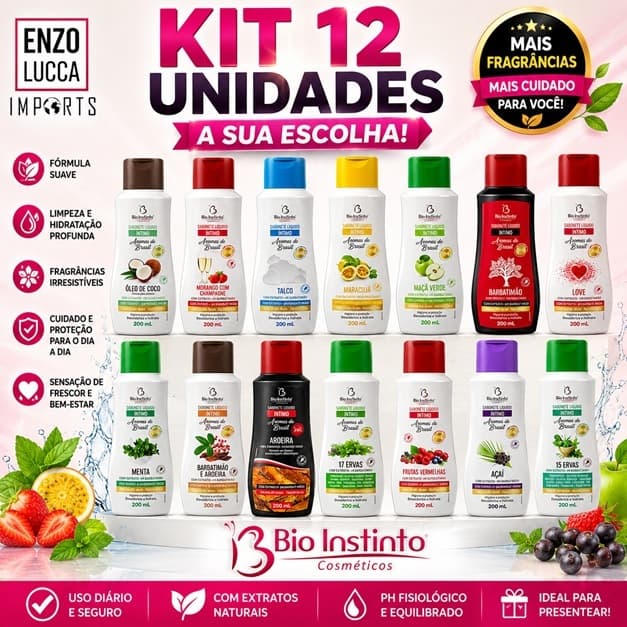 🧼✨ KIT 12 UNID SABONETE LÍQUIDO BIO INSTINTO ✨🧼🌿 Cuidado diário, fragrâncias irresistíveis e fórmula suave!