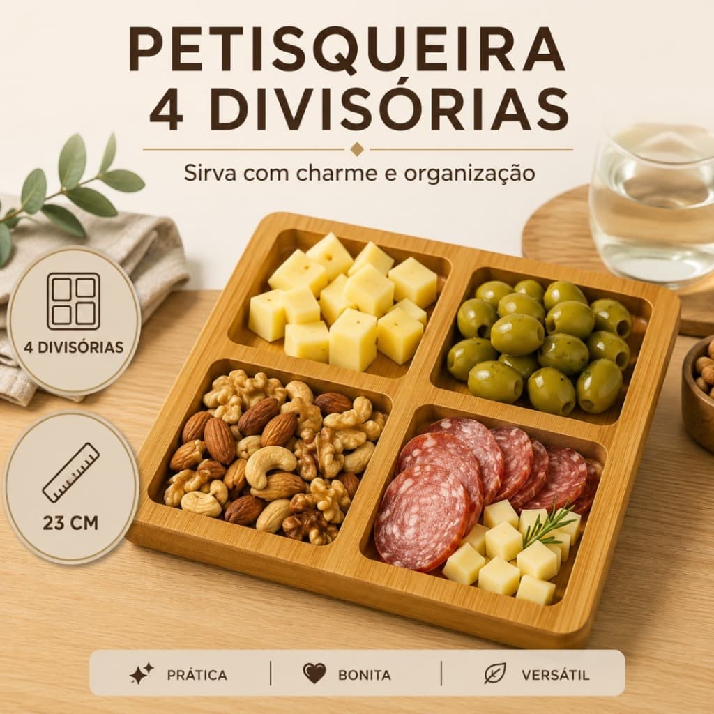 Tábua Petisqueira Quadrada 23cm com 4 Divisórias Tábua para Frios Queijos Aperitivos e Petiscos