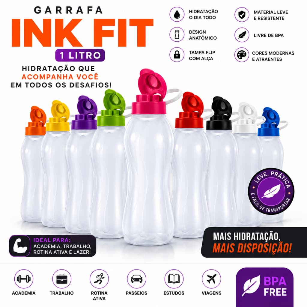 Garrafa Plástica 1 Litro Squeeze Portátil Suco Água Academia Treino Livre de BPA