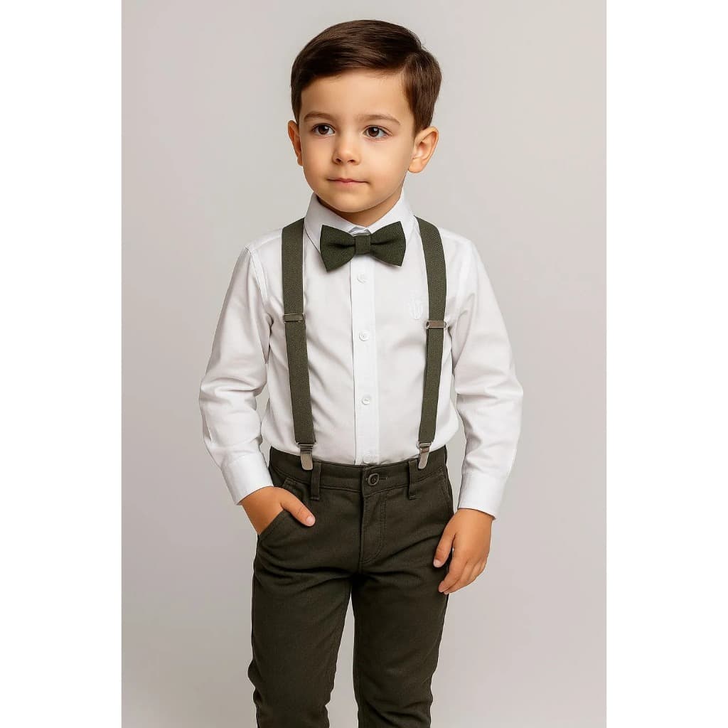 Calça Verde Musgo com Camisa Longa Branca e Kit Gravata e Suspensório Verde Musgo Infantil