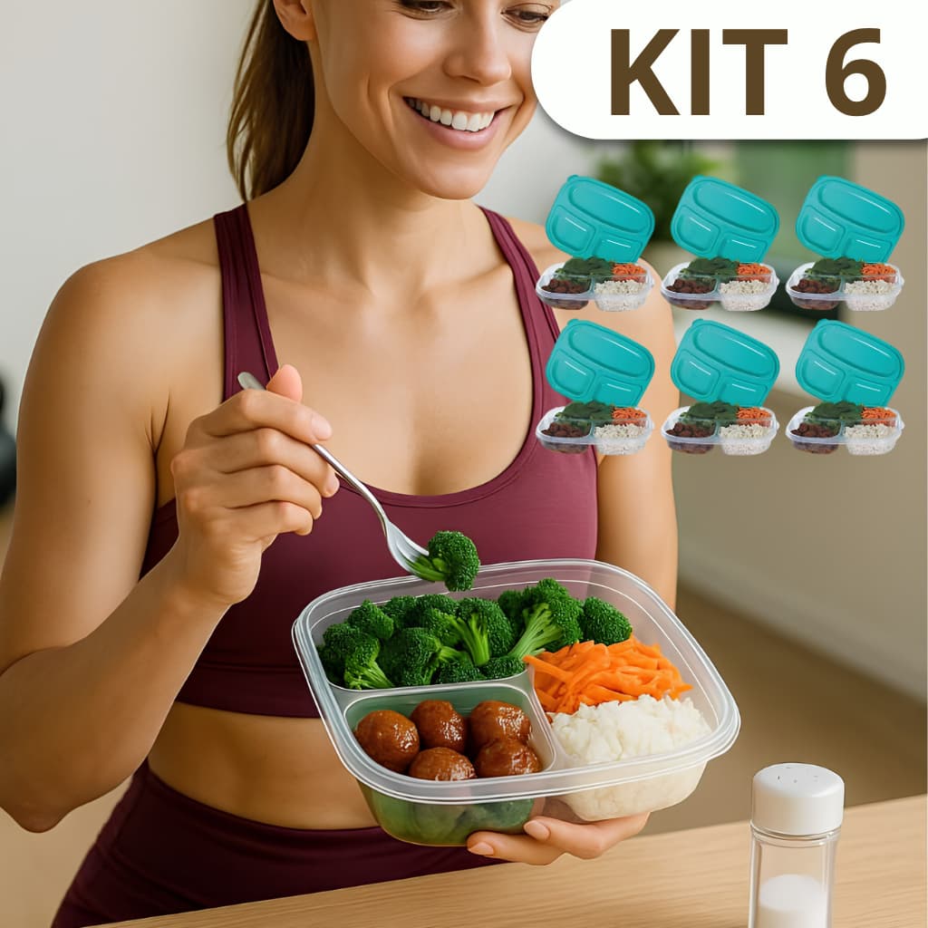 Kit 6 Marmitas Potes Plásticos Embalagem Fitness com Divisória 1 Litro Reutilizável Casa e Cozinha