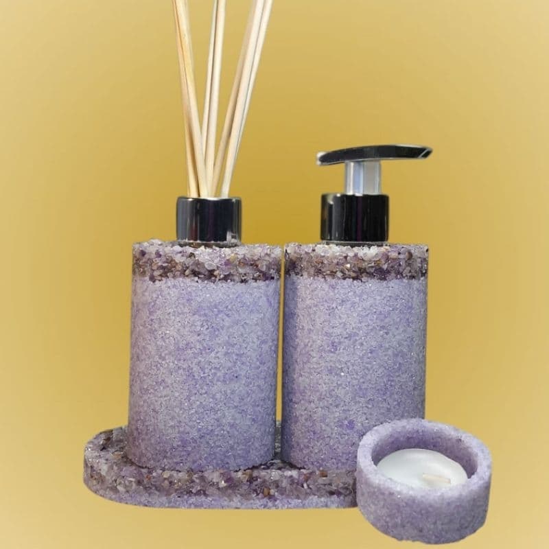 Kit Lavabo 100ml Luxo Pedra Natural Difusor e Saboneteira Resina Artesanal Compacto Banheiro Sofisticado 4 peças.