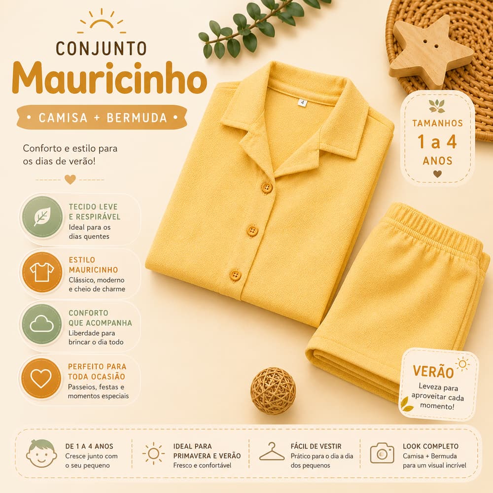 Conjunto Infantil Masculino Verão Bermuda e Camisa Botão Mauricinho 1 a 4 Anos