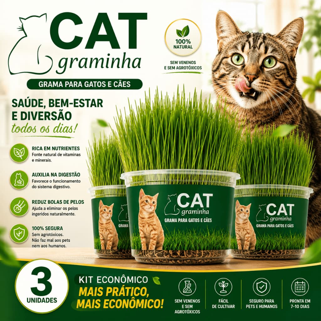 Kit com 3 Graminhas CAT para Gatos e Cães Petisco Natural e Semente Premium