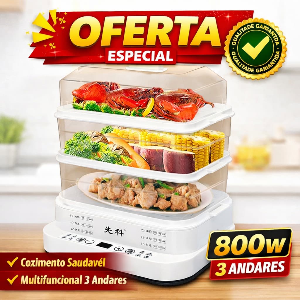 Panela Elétrica a Vapor 3 Andares 800W Snel Home – Cozimento Saudável e Rápido