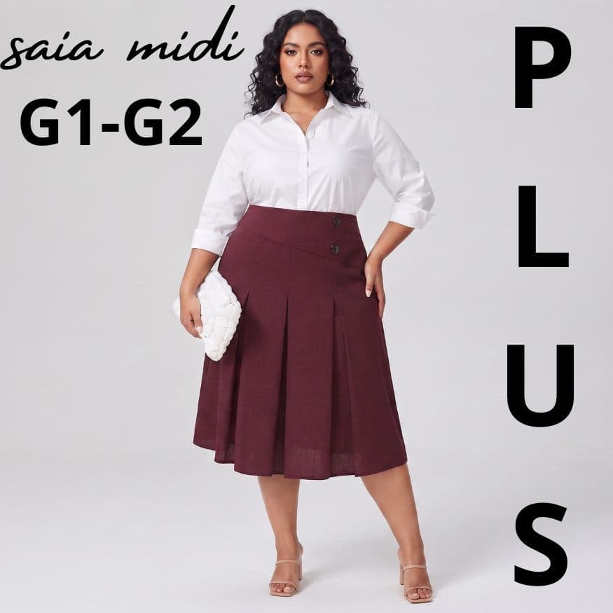 Saia Midi Plus Size G1 G2 Linhão Cintura Alta Plissada com Botões Moda Evangélica Social Feminina