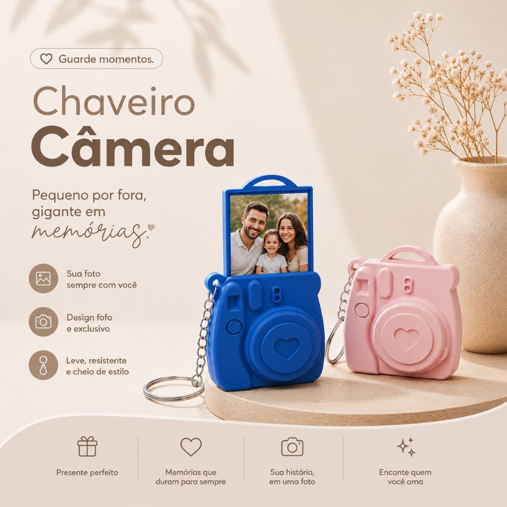 Chaveiros Câmera Fotográfica porta foto Presente Mimo