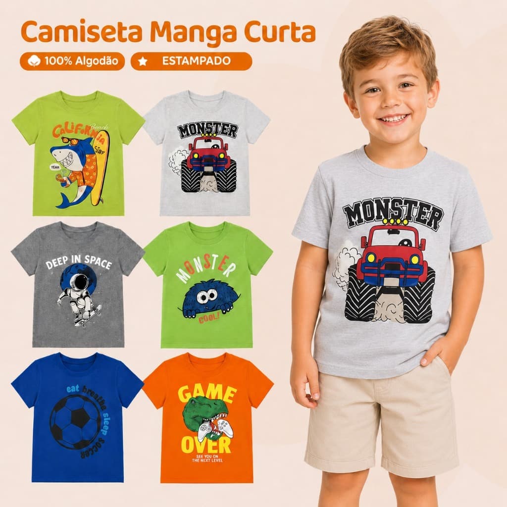 Kit 3 Camisetas Infantil Menino Manga Curta 100% Algodão Estampadas Tamanhos 4 6 8