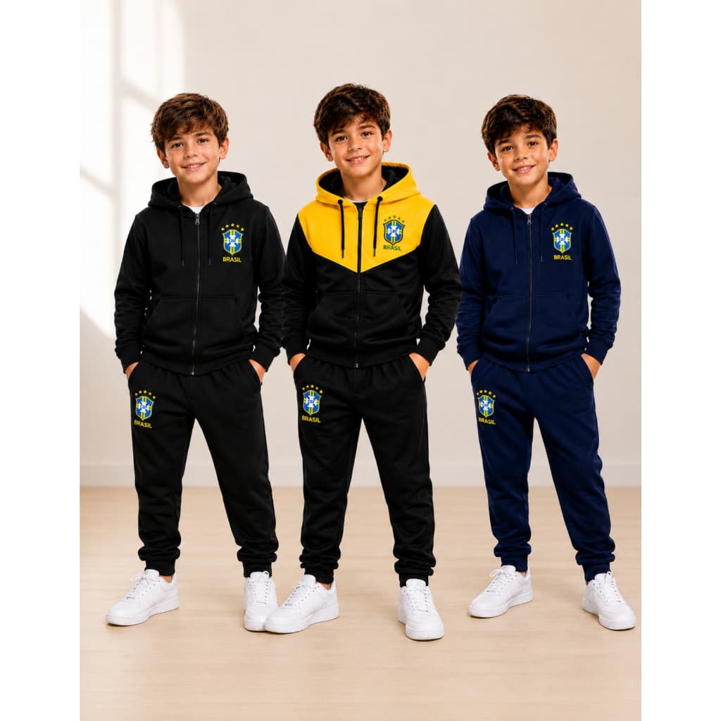 Conjunto Agasalho De Frio Infantil Chimpa Flanelado Menino Menina Brasil Canguru Com Bolso