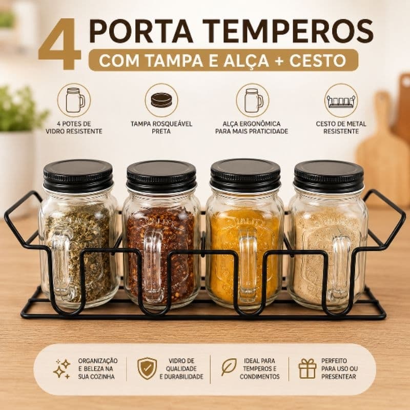 Porta Temperos 4 Potes de Vidro 130ml com Tampa e Alça + Cesto Organizador de Metal | Kit Porta Condimentos Cozinha