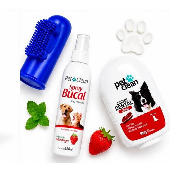 Kit Dedeira + Pasta Dente + Spray Bucal Pet Clean Cachorro