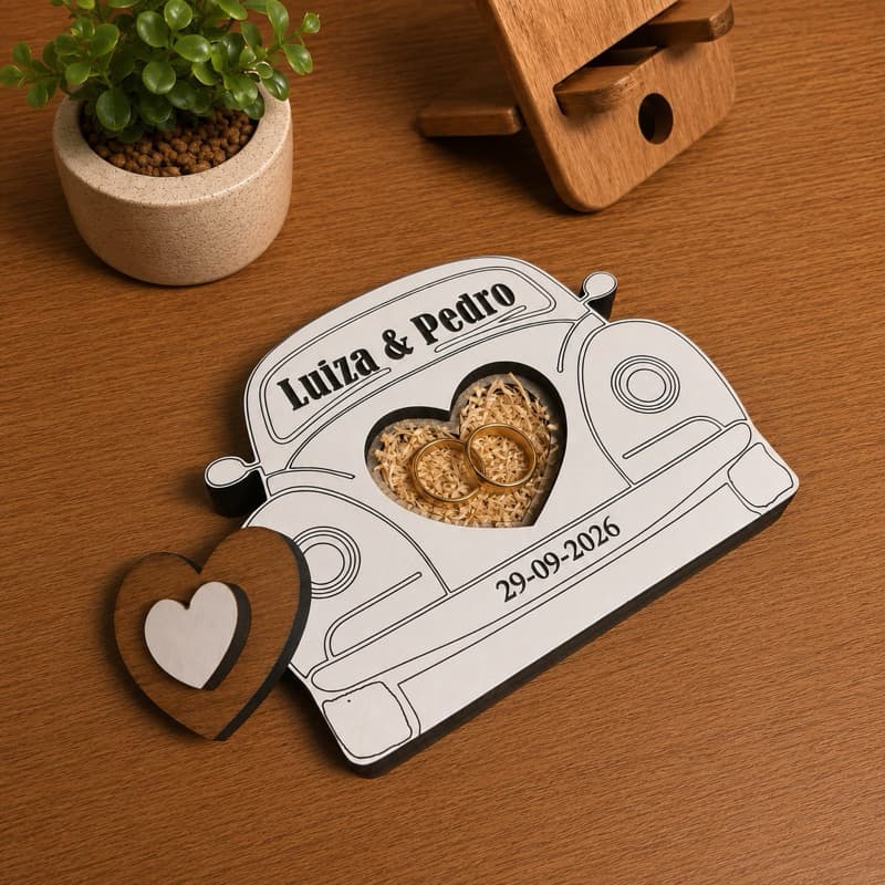 Porta Alianças Fusca MDF laminado Branco casal Casamento Temático