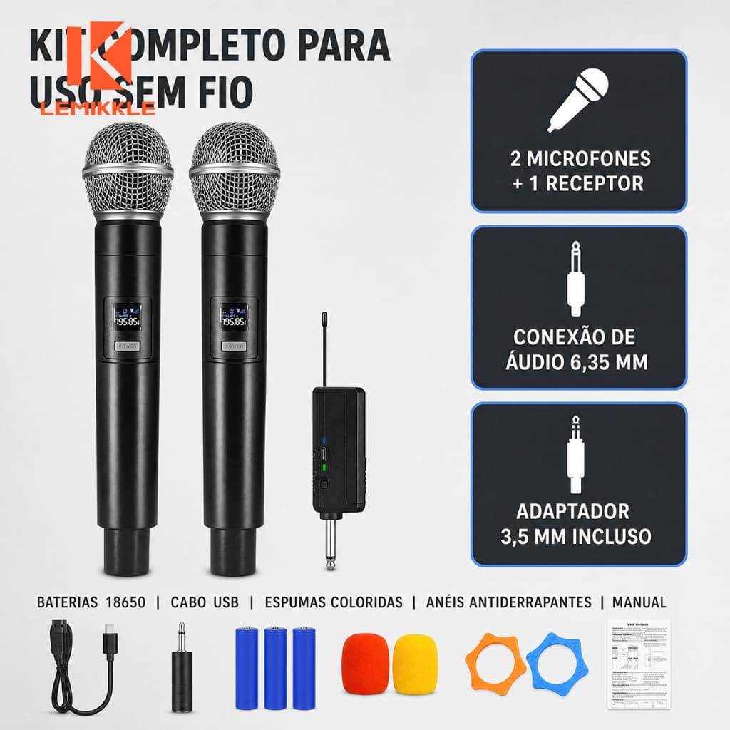LEMIKKLE - Kit 2 Microfone Duplo Sem Fio UHF Recarregável com Receptor Adaptador