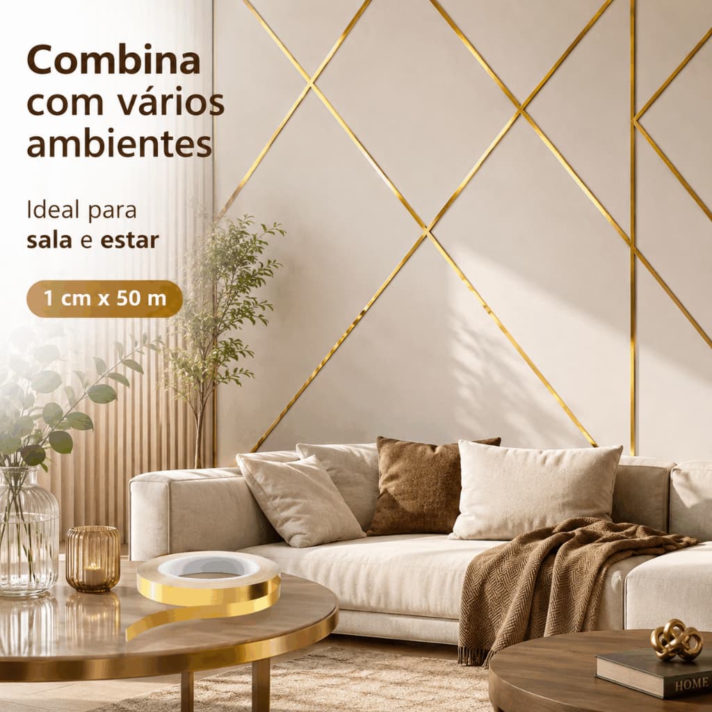 Fita Adesiva Decorativa Dourada Metálica 1cm x 50m Impermeável para Parede Teto Piso Móveis Acabamento PVC