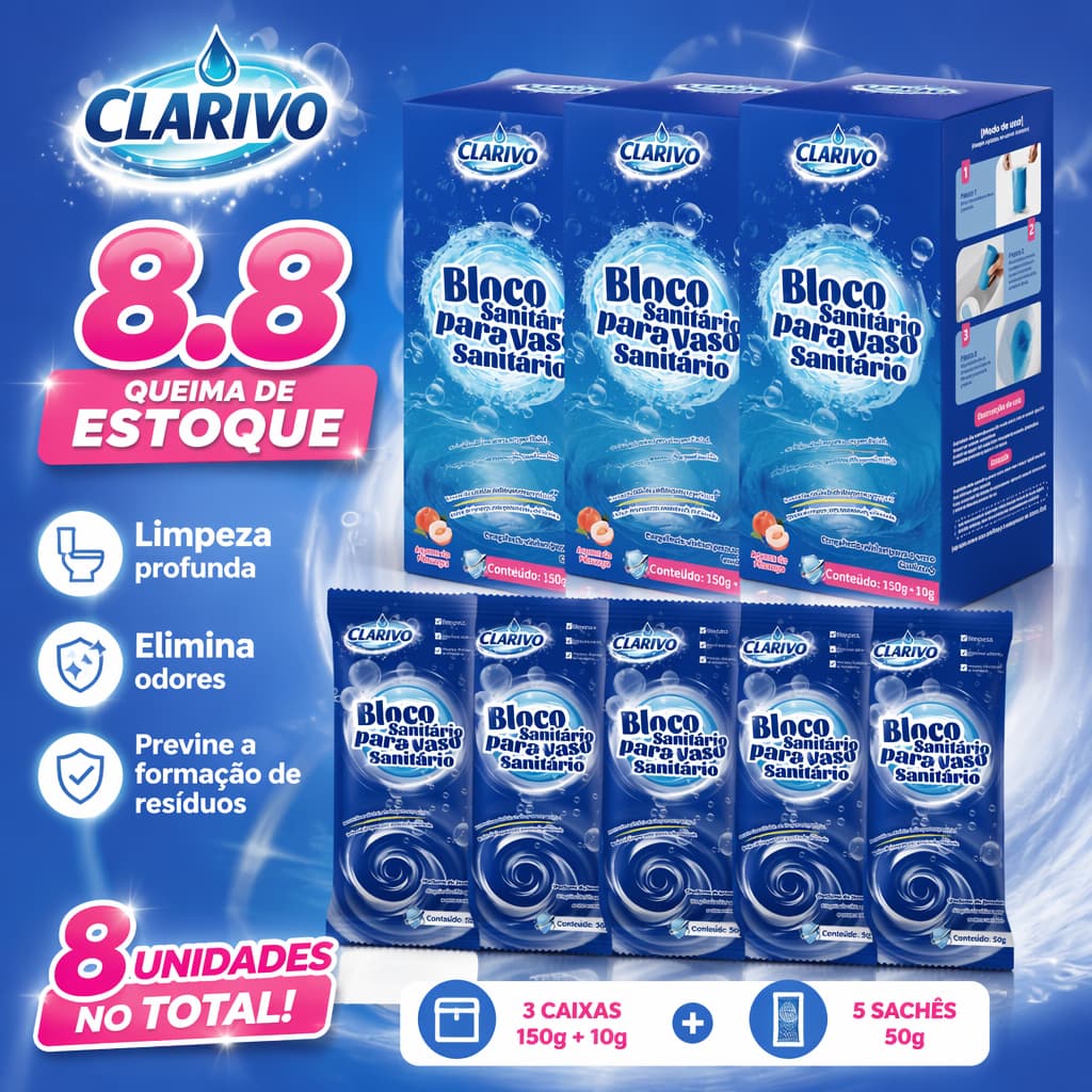 CLARIVO Kit 8 Unidades para Vaso Sanitário 3 Blocos 150g e 5 Sachês 50g Controle de Odores