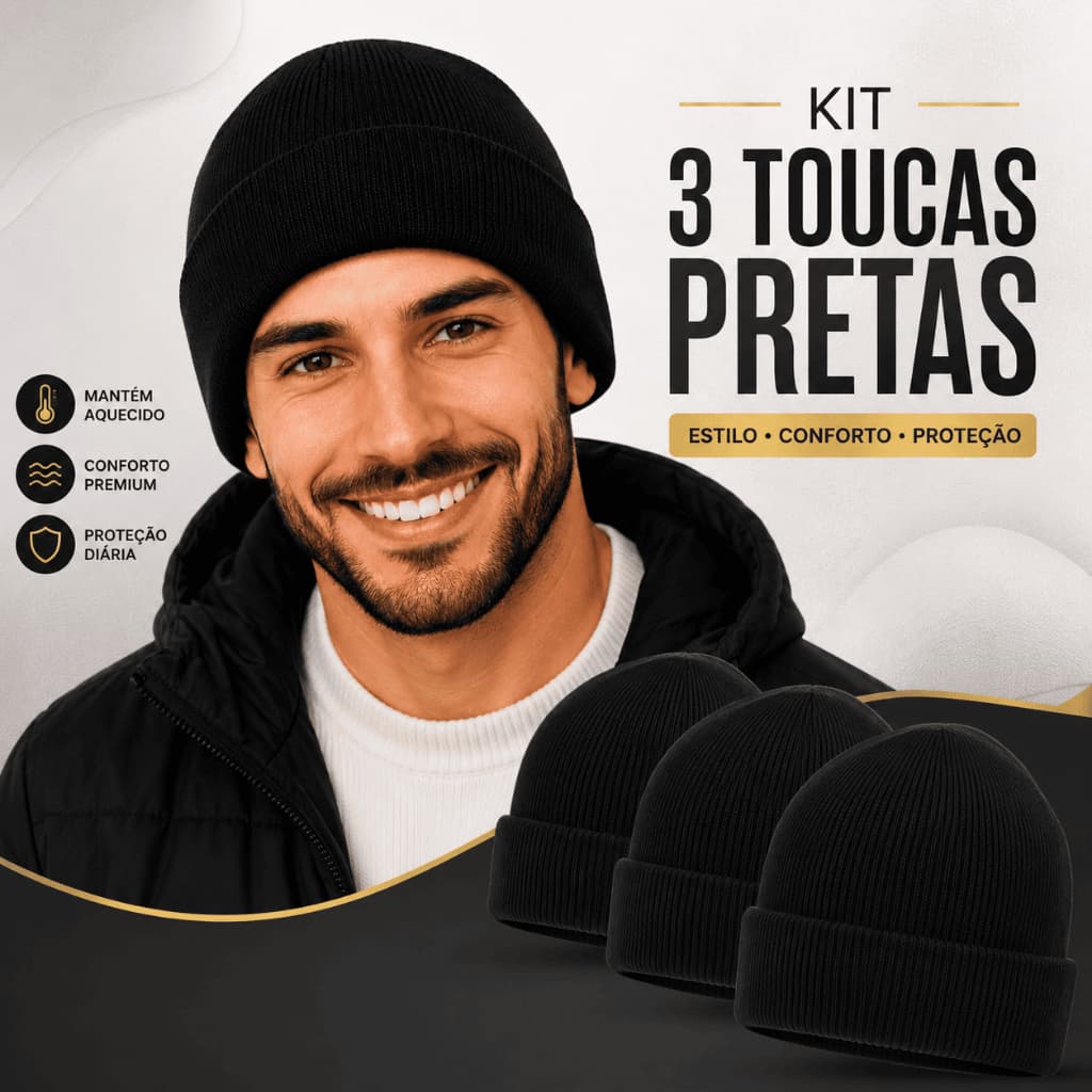 Kit 3 Touca de Lã Básica Preto Inverno para Adulto