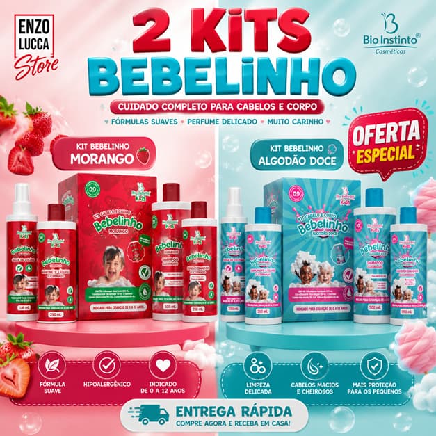 🧼👶 2 KITS BEBELINHO MORANGO+ALGODÃO DOCE – Cuidado Delicado para os Pequenos! 👶🧼