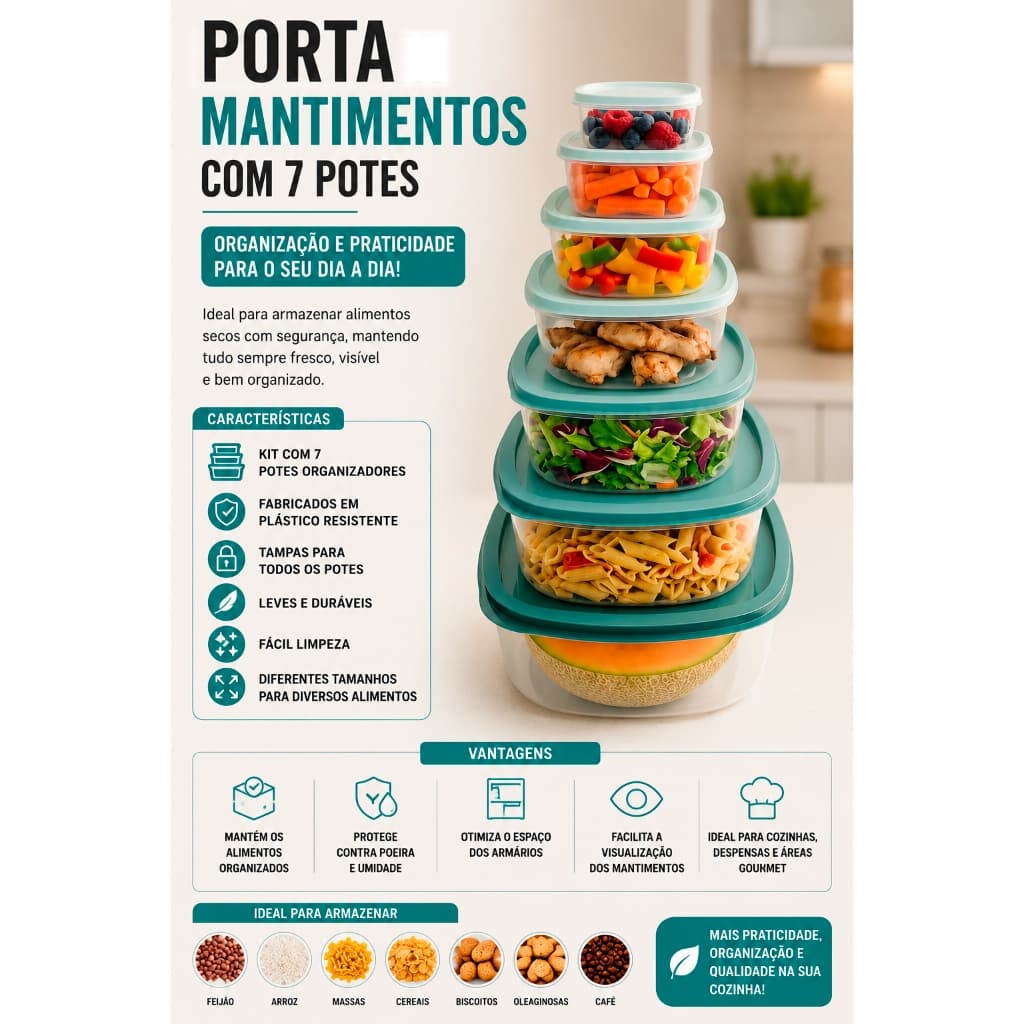 Potes Porta Mantimentos com Tampa Organizador para Cozinha Alimentos Secos Plástico