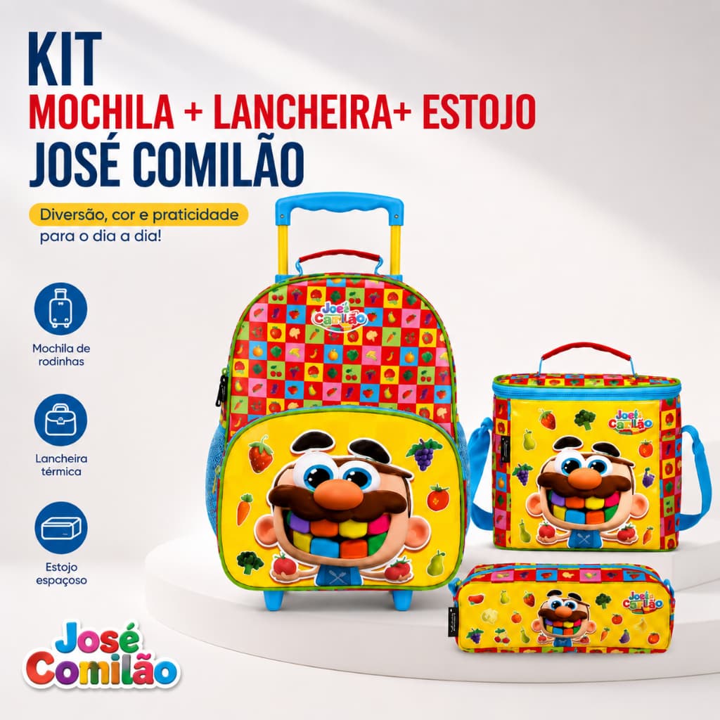Kit Escolar Infantil José Comilão Dermiwil - Mochila Carrinho Rodinhas + Lancheira + Estojo