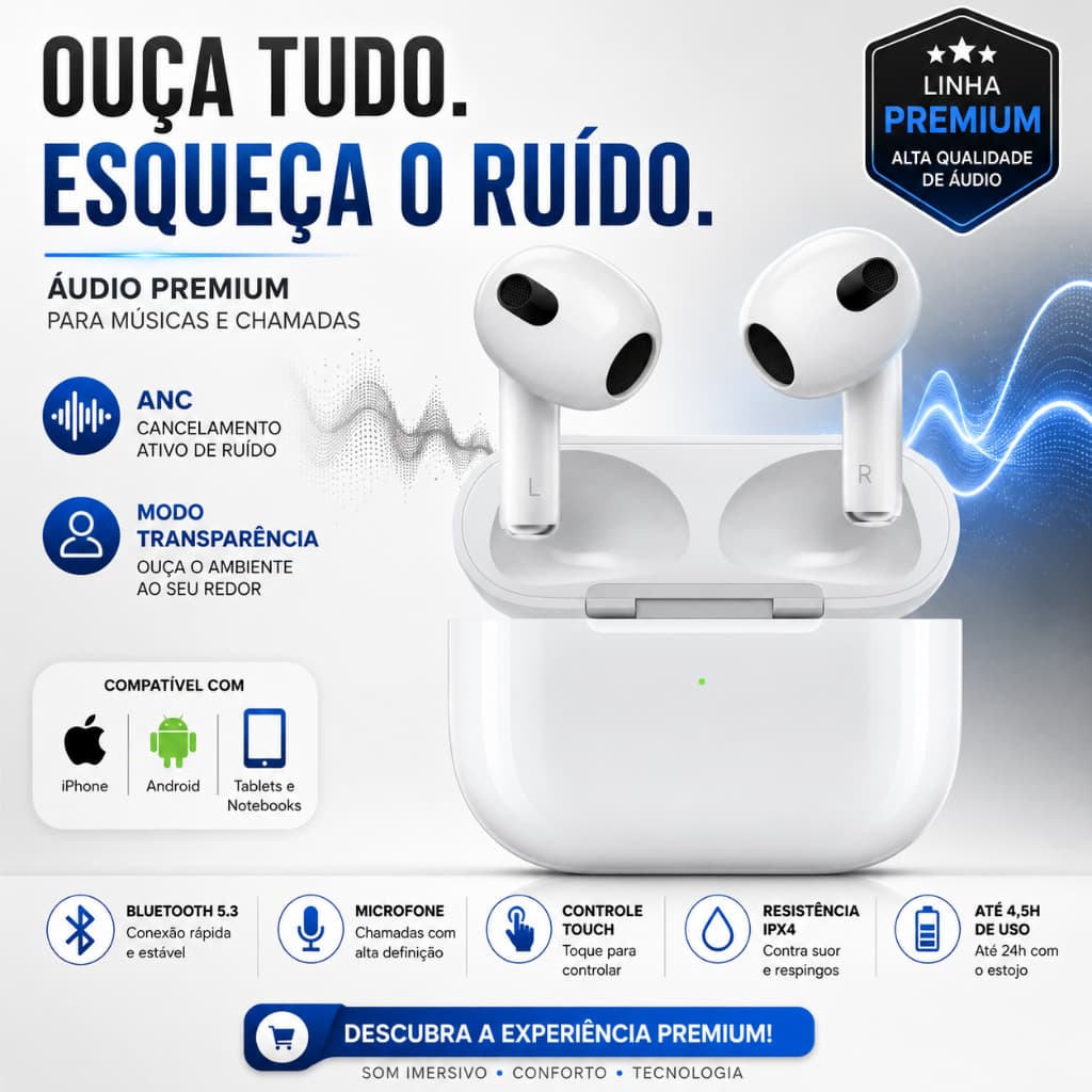 Fone Bluetooth AirPods Pro 3 Lightning Premium ANC Bluetooth 5.3 Sem Fio iPhone Android Branco