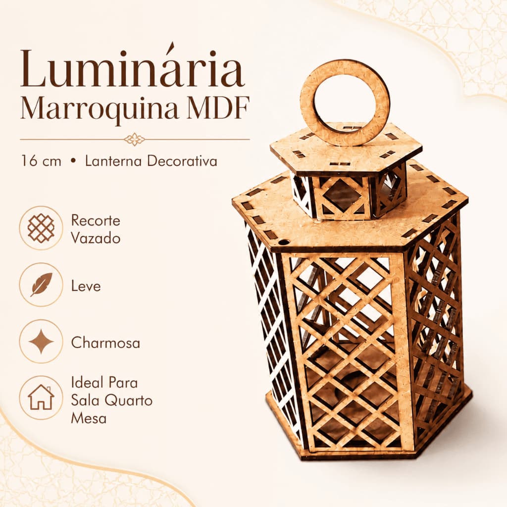 Luminária Marroquina MDF 16cm Lanterna Decorativa Recorte Vazado Sala Quarto Festa Casamento Mesa
