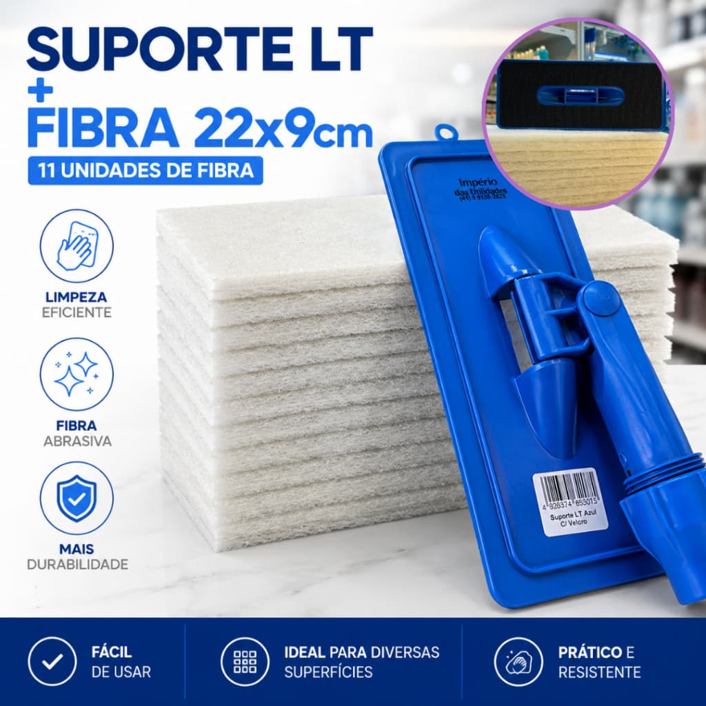 Suporte LT com Fibra Limpeza Profissional Kit 11 Fibras Abrasivas Piso Parede Cozinha e Banheiro