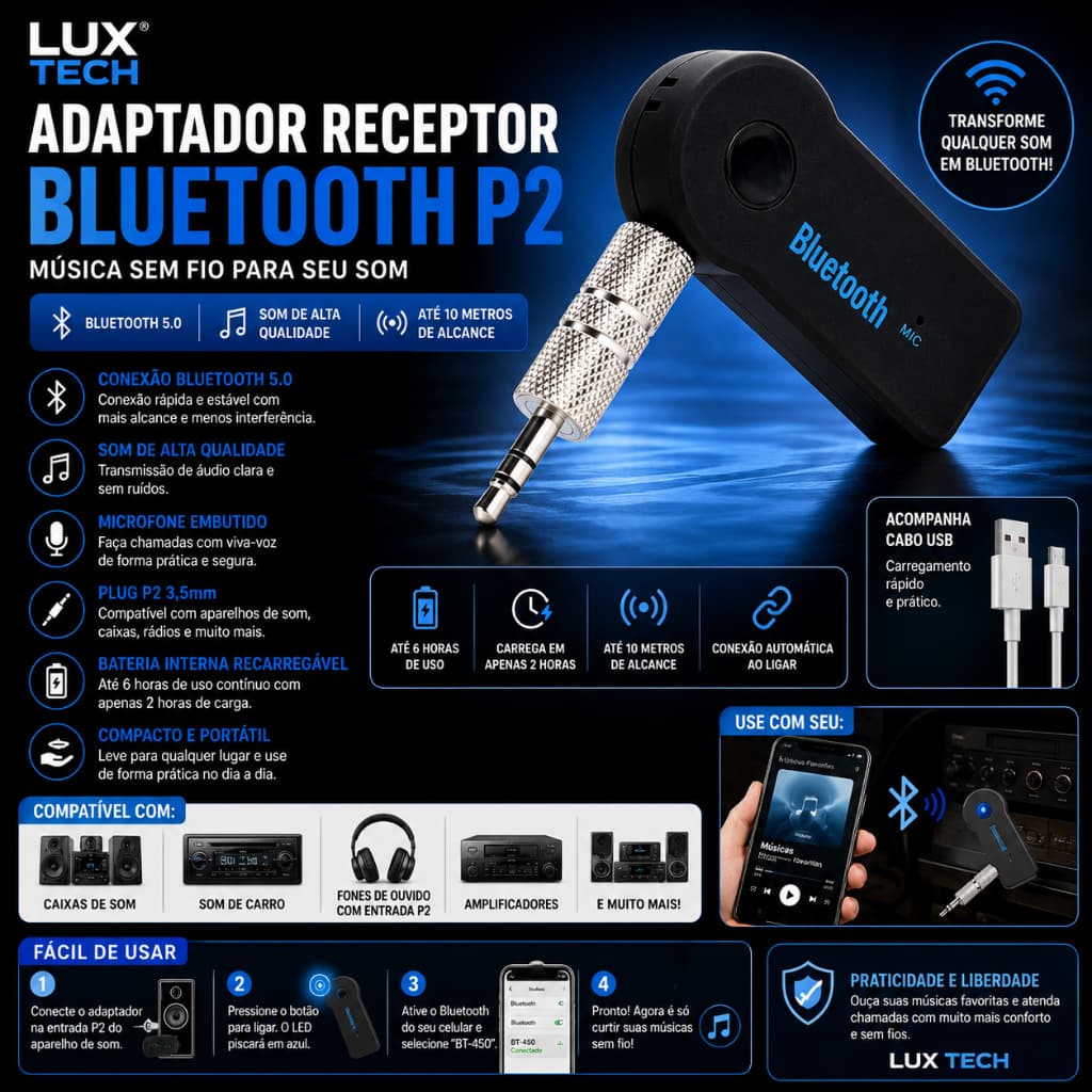 Adaptador Receptor Bluetooth P2 Musica Para Celular Som Carro