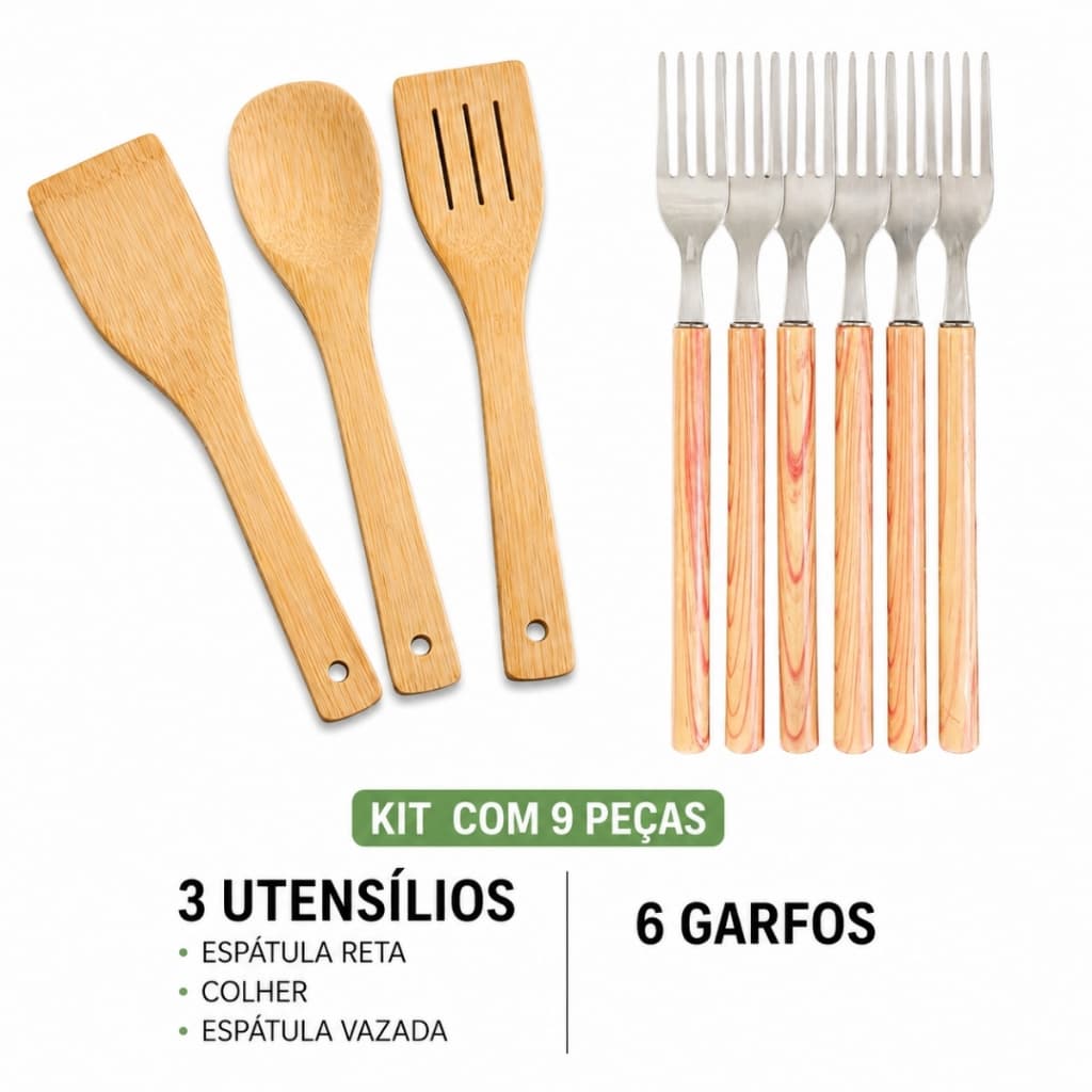 Kit Cozinha Completo 9 Peças Garfos Marmorizados + Utensílios de Bambu Natural Colher Espátulas Antiaderente