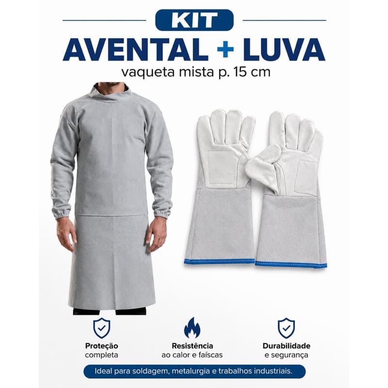 Kit Soldador Avental barbeiro raspa + luva punho 15 cm vaqueta mista