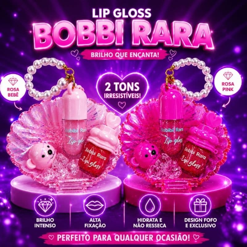 Lip Gloss Bobbi Rara Kit 3 em 1 Chaveiro| + Pulseira de Pérola | High-Shine