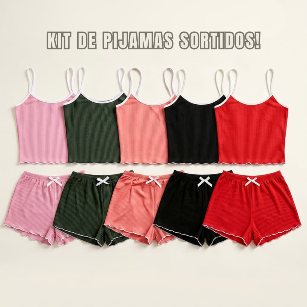 Kit 2/3 Pijama Feminino Canelado Sortidos Short e Regata Confortável do P ao GG 1 a 3 Conjuntos