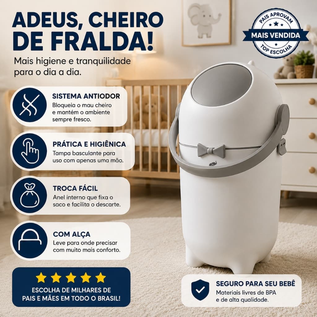 Lixeira para Fralda de Bebê Antiodor Vedação de Cheiro Lixo Mágico Infantil Até 15kg Pipdip