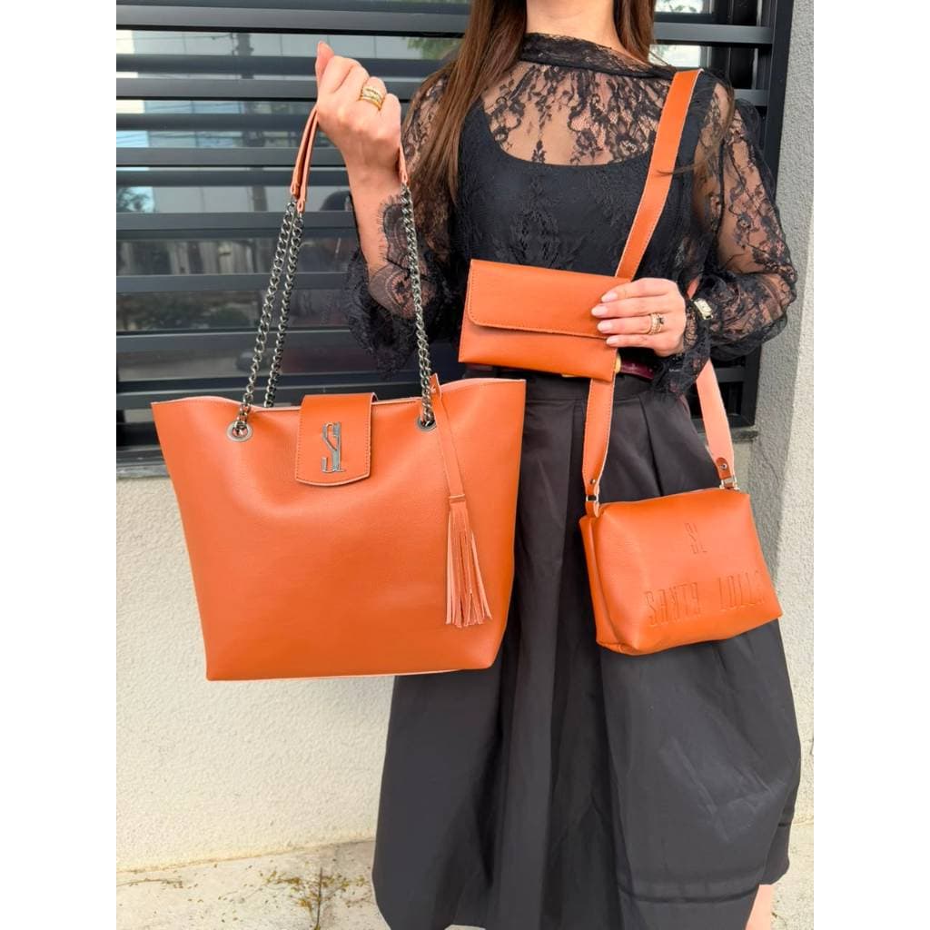 Bolsa Feminina Grande Expansível + Bolsa Transversal + Carteira Kit Completo Premium