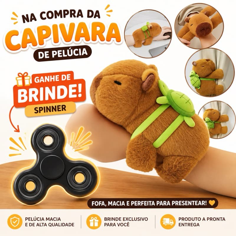 Pulseira de Capivara de Pelúcia Infantil Ajustável – Bichinho de Abraço Macio, Bracelete de Pelúcia, +Brinde 1 Spiner