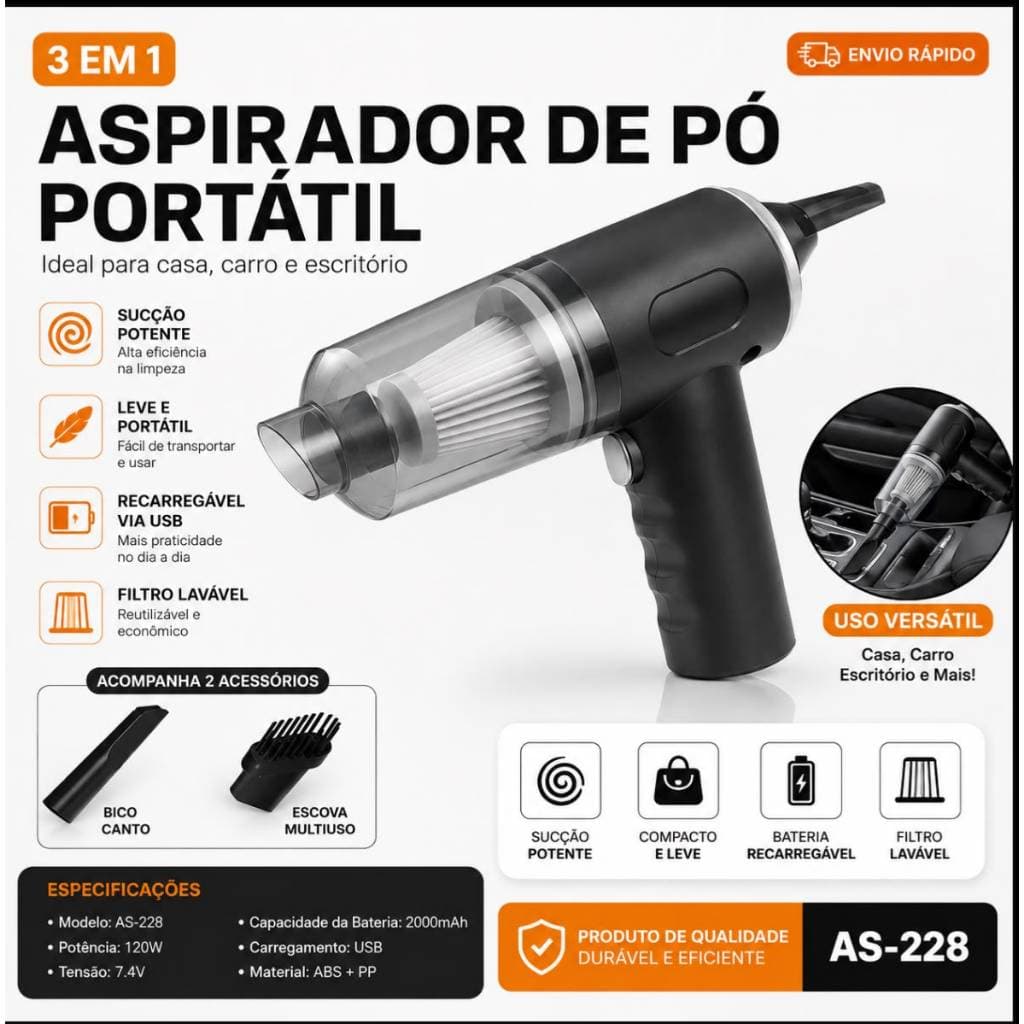 Mini Aspirador De Pó Usb Portátil Completo Para Carro E Casa