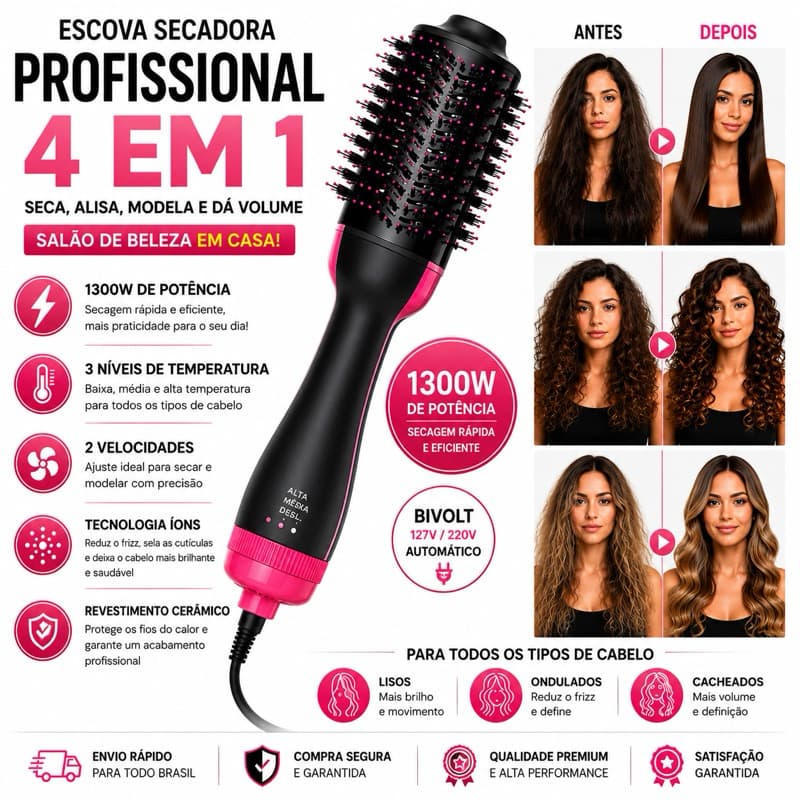 Escova Secadora e alisadora 4 em 1 Bivolt Modeladora Alisadora Anti Frizz Secagem Rápida Para Todos os Tipos de Cabelo