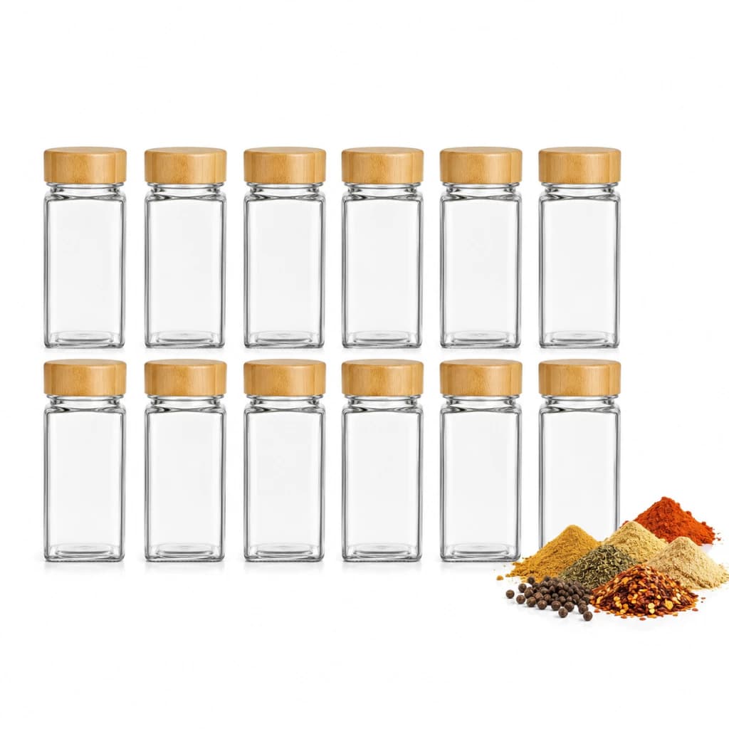 Kit 12 Potes Temperos Condimentos De Vidro Tampa Bambu Para Cozinha