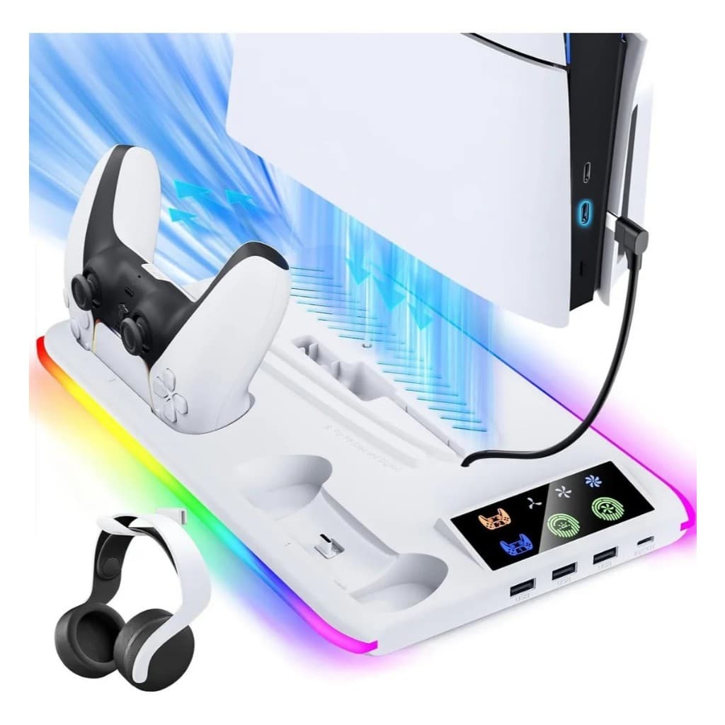 Base Cooler Resfriamento PS5 Pro Slim Carregador Duplo para 2 Controles e 3 Velocidades das Ventoinhas Iluminação RGB