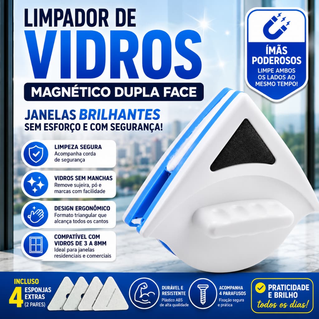 Limpador de Vidros Magnético Dupla Face 3 a 8mm com Corda de Segurança Limpa Janela