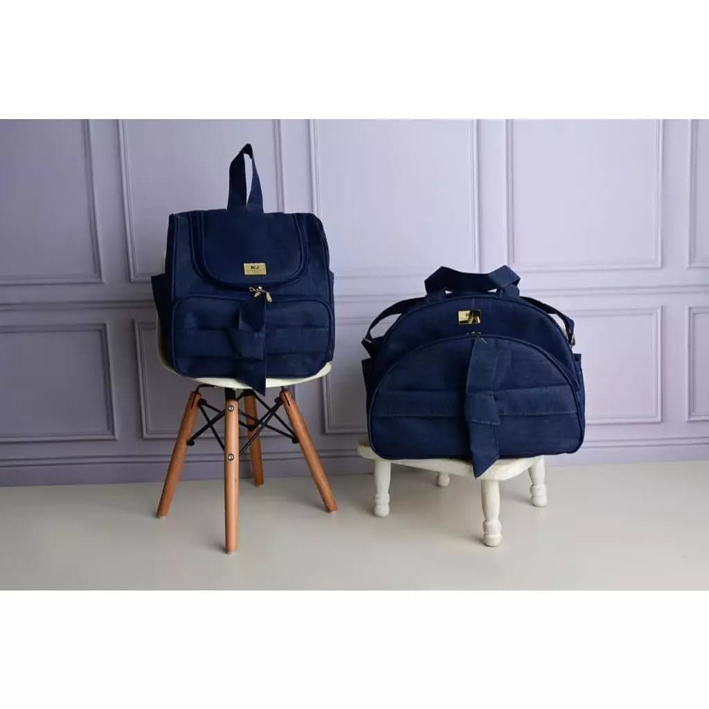 Kit Maternidade - Duas Peças - Mala e Mochila, Material linho, Com Laço em nó
