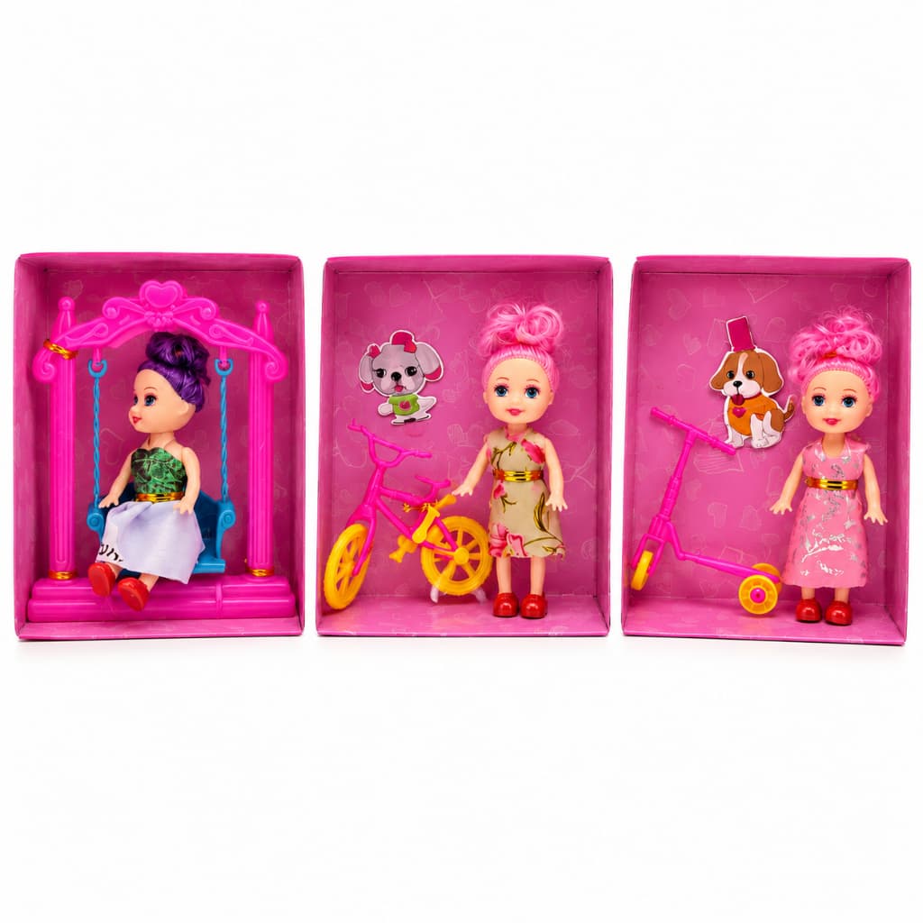 Boneca Infantil Com Acessórios Balanço Bicicleta Patinete Cachorrinho Brinquedo Menina Mini Boneca Colecionável