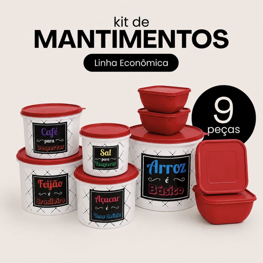 Kit 9 Potes 5 Mantimentos + 4 Quadrados 500ml - Porta Mantimentos Para Cozinha - Linha ECONÔMICA