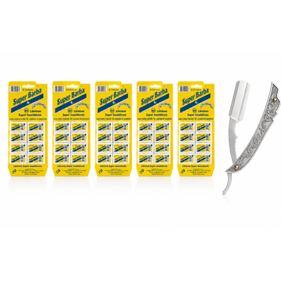 kit 05 Lamina Barbear Super Barba Premium Amarela + Navalhete Navalha Super Barba Profissional