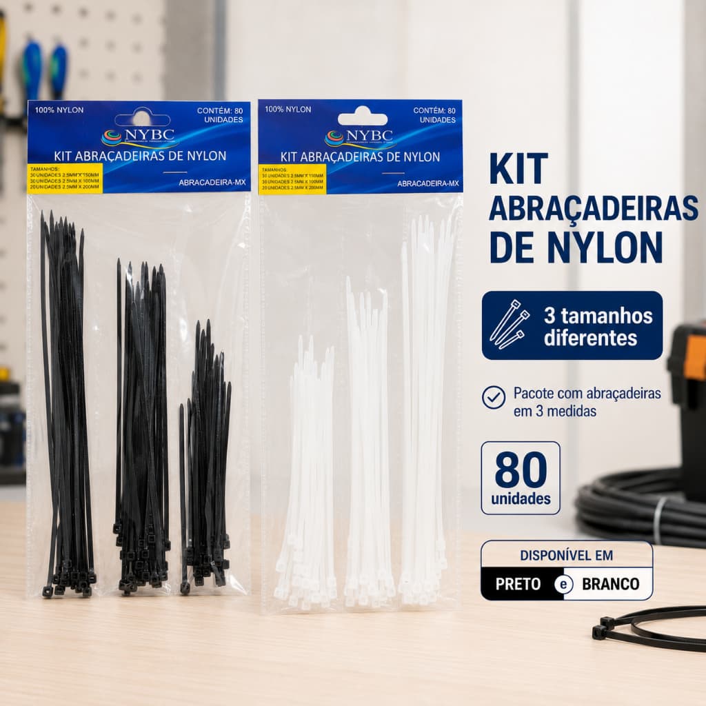 Abraçadeiras De Nylon NYBC Pacote Com 80 Unidades Tamanhos Variados 100mm 150mm 200mm  Organizador De Cabos