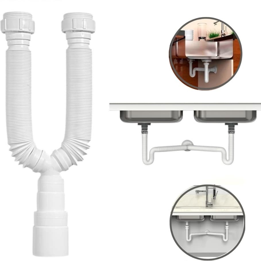 Sifão Sanfonado DUPLO Flexível Extensível Universal Branco Pia Cuba Banheiro Cozinha Gourmet Tanque