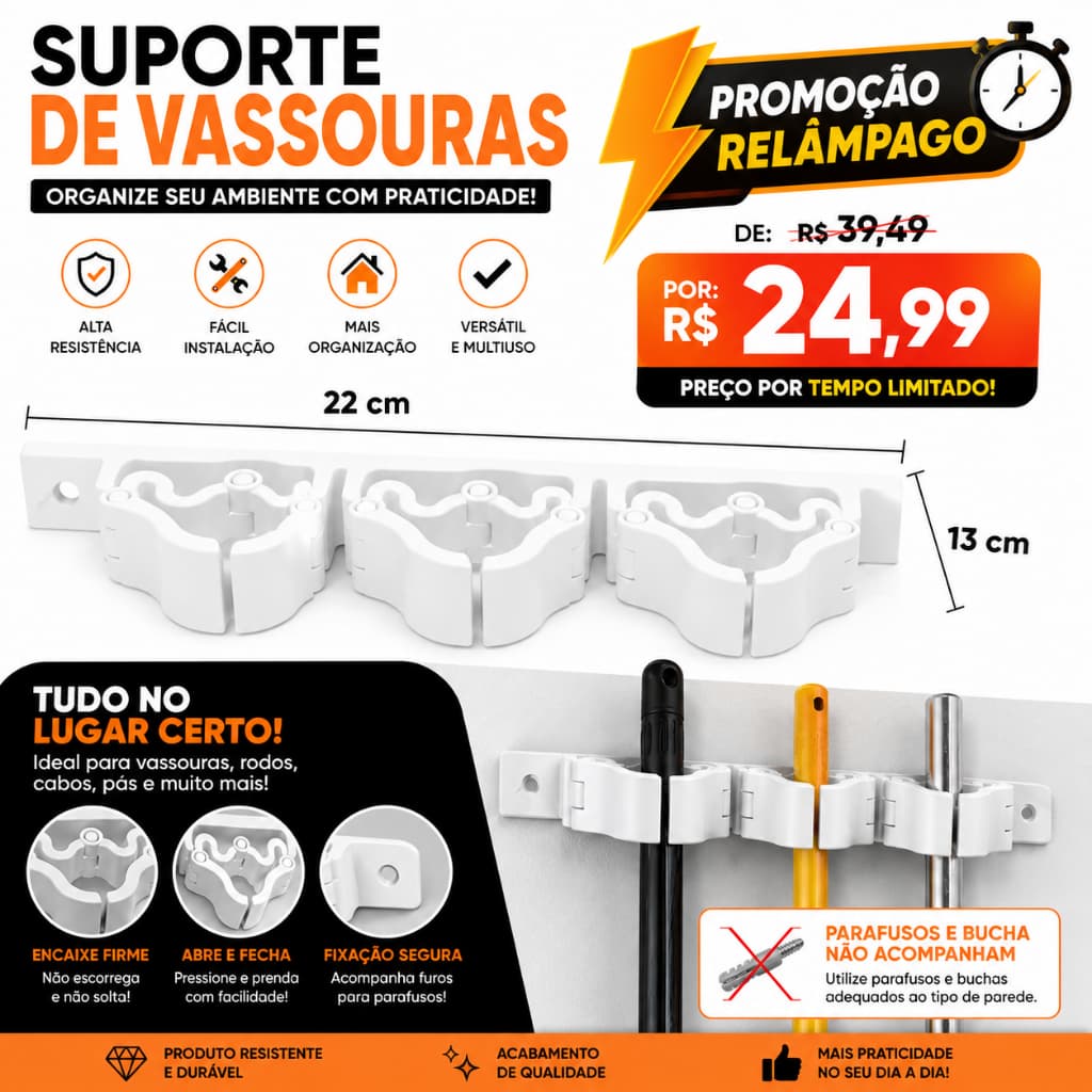 Suporte Triplo de Vasoura Rodo e Pá - Premium resistente Suporte de Parede