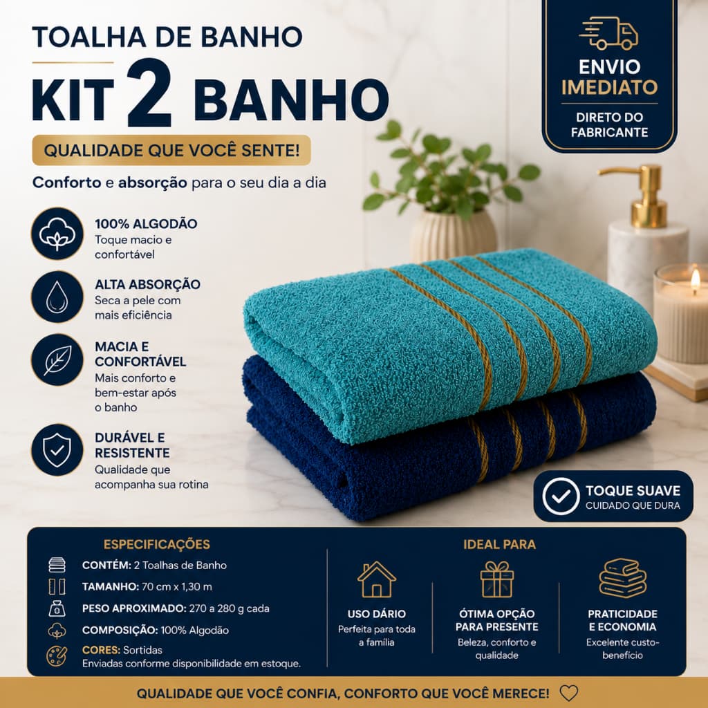 Kit 2 Toalhas De Banho Dubai 100% Algodão 70x130cm Sortidas Alta Absorção