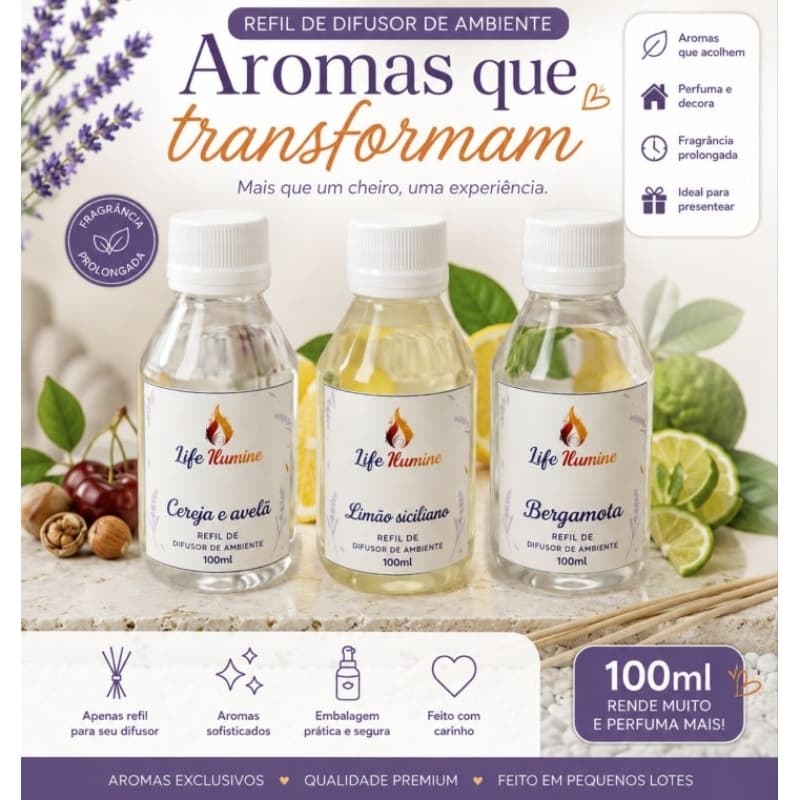 Kit 3 Refil para Difusor de Ambiente 100ml Aromatizador Perfumado Alta Fixação