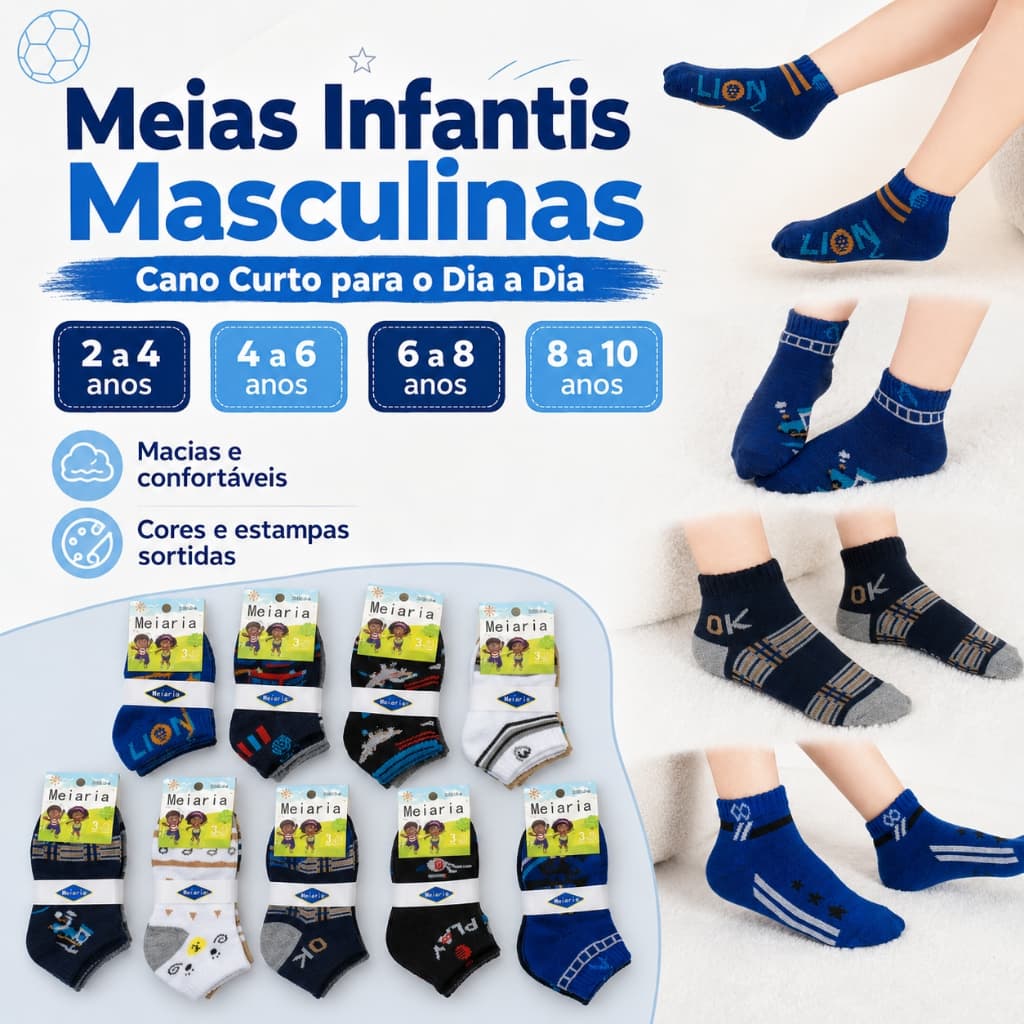 Meias Infantis Masculinas Cano Curto Confortáveis com Algodão Respirável para Meninos de 2 a 10 Anos
