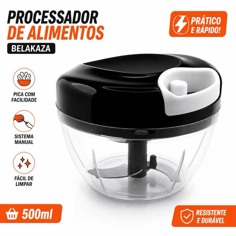 Processador Manual de Alimentos 500ml | Triturador de Alho, Cebola e Legumes Belakaza